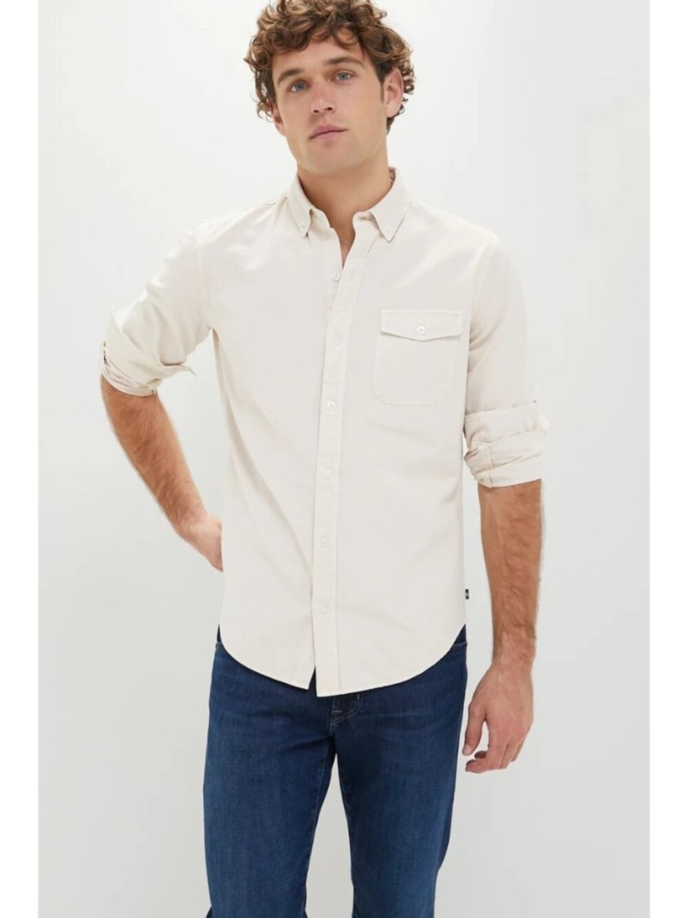 SPRUCE Washed Denim Button Down Long Sleeve Shirt Sandstone Size Large NWT